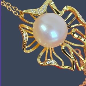 925 Sterling Silver 14K Gold Plated Necklace 17" with Natural Cultured Pearl